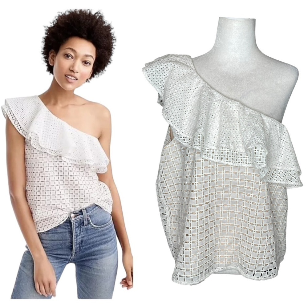 J.Crew One-Shoulder Eyelet Ruffle Top | White Lace | Size 14